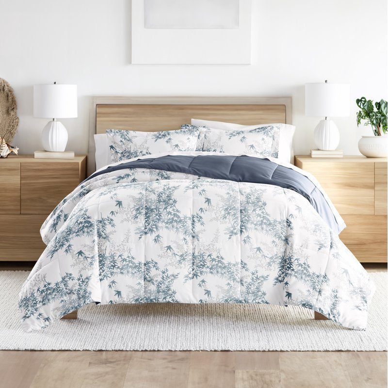 Twin Down Alternative Comforter Set with Bamboo Leaves Pattern - Blue & Stone