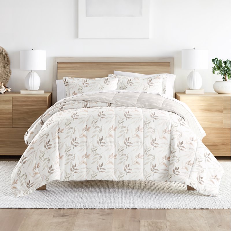 King Down Alternative Foliage Stripe Ivory Reversible Comforter Set - All Season Bedding