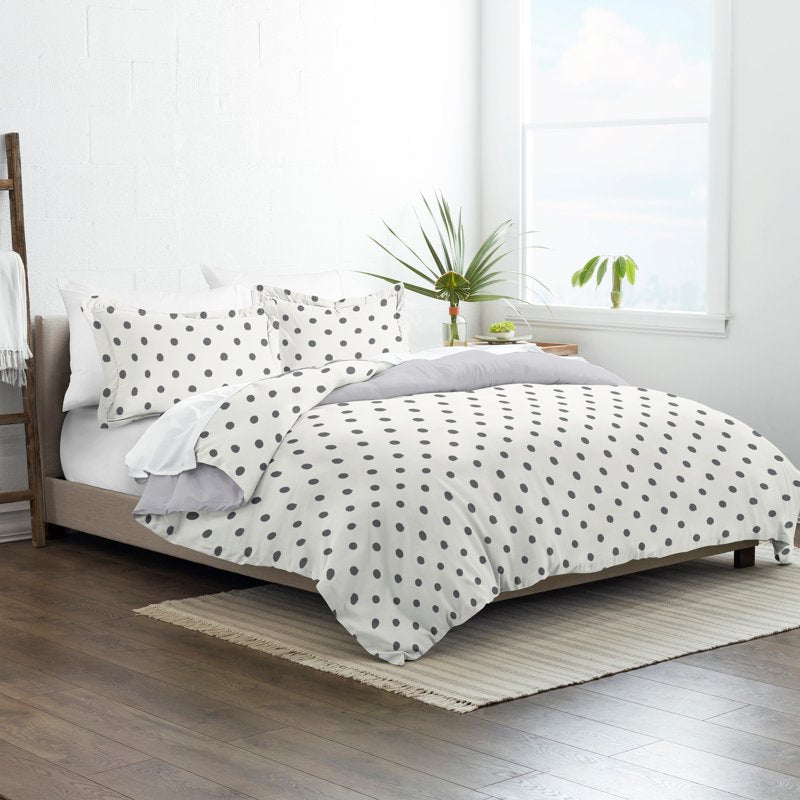 King Polka Dot Gray Reversible Duvet Cover Set - Light Gray Bedding