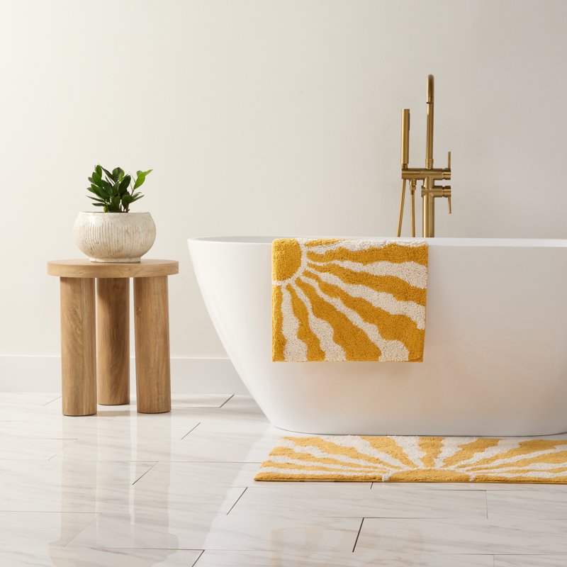 Bath Mat - 24 x 17 Inch Cotton Tufted Pattern Bath Rug in Sunrise Yellow - Non-Slip