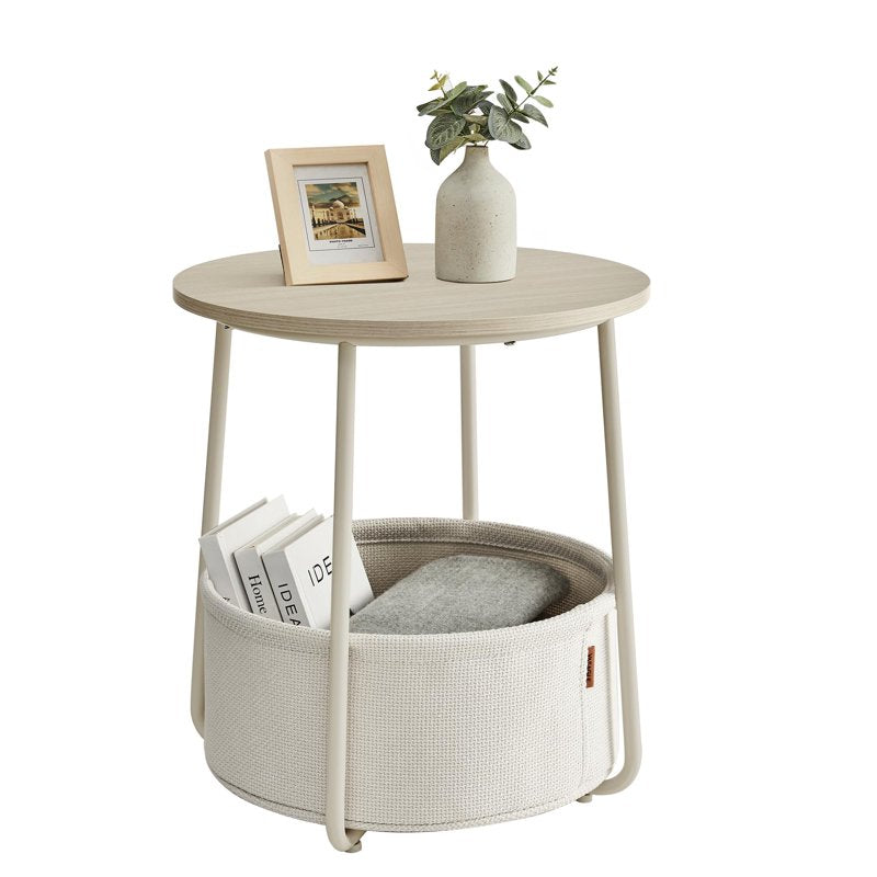 Round Side Table with Fabric Storage Basket - Cream White