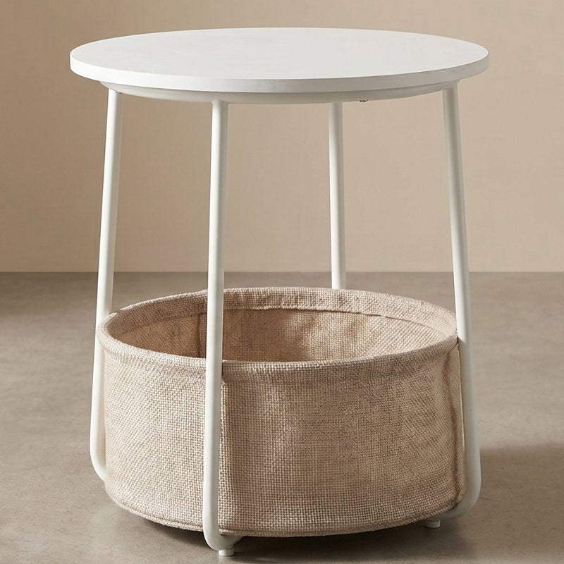 Round Side Table with Fabric Storage Basket - Matte White/Camel Brown
