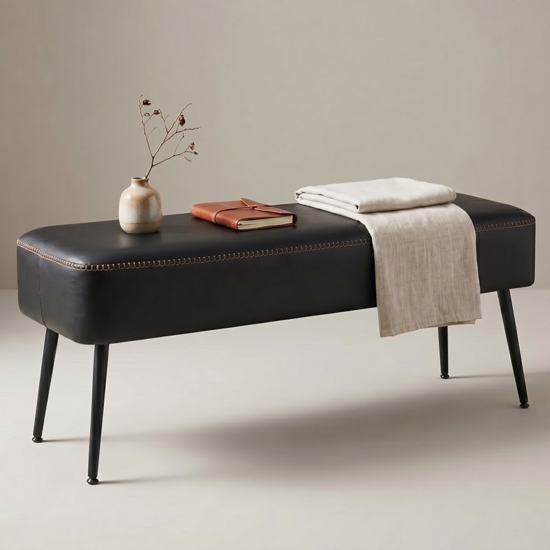 Mid-Century Modern Entryway Bench - Black Synthetic Leather