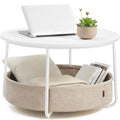 Modern Round Coffee Table with Fabric Storage Basket - White