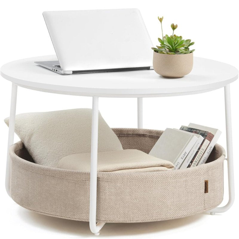 Modern Round Coffee Table with Fabric Storage Basket - White