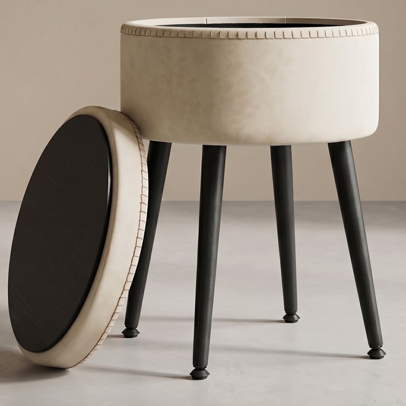 Round Storage Vanity Stool - Cream White with Hidden Compartment