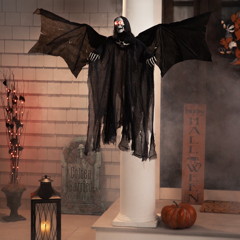 Animated Winged Grim Reaper Halloween Decoration - 50 Inch Lighted Indoor Outdoor Display
