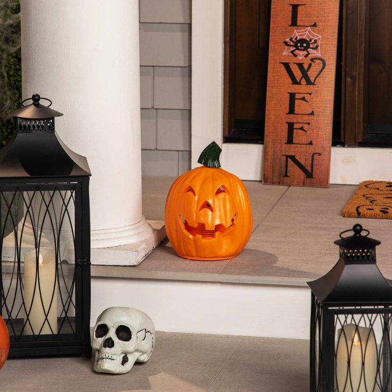 Animated Double-Sided Halloween Jack-O-Lantern with LED Lights and Spooky Sounds - Orange/Green