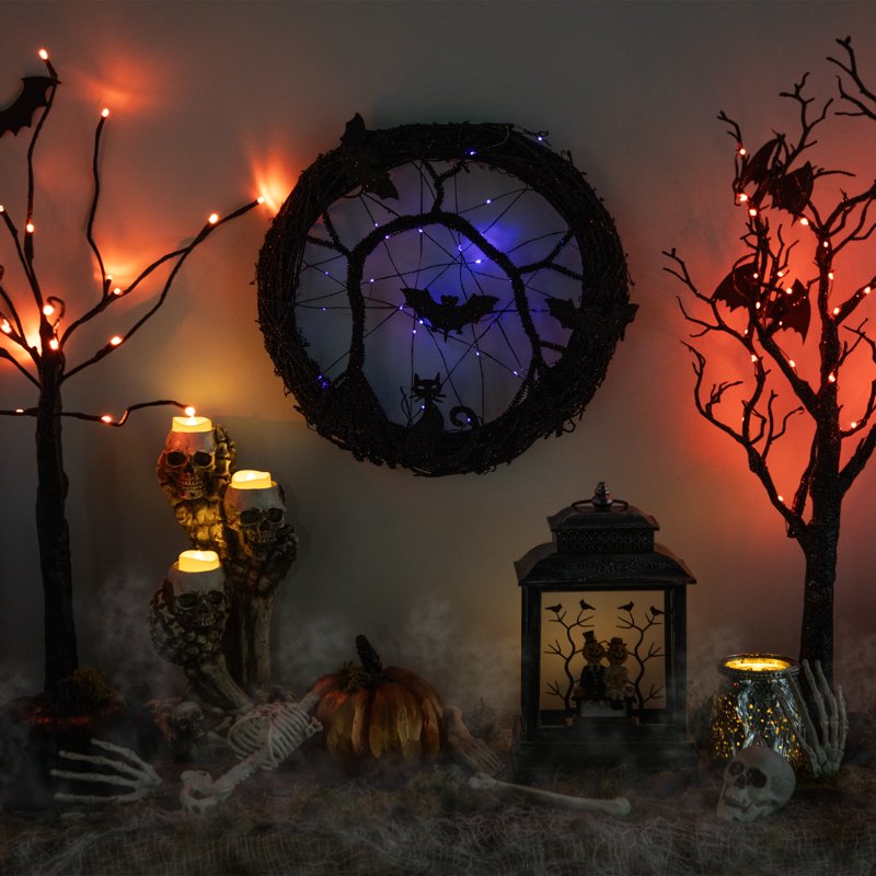 LED Halloween Wreath with Bats and Purple Lights - 13 Inch Black Twig Decor