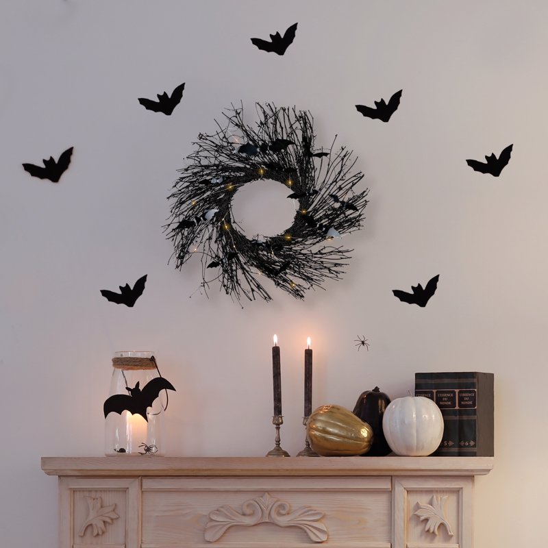 Halloween Lighted Wreath with Bats and LED Lights - 22 Inch Black Decor