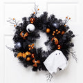 Halloween Twig Pine Wreath with Ghost & Ornaments - 24 Inch Unlit