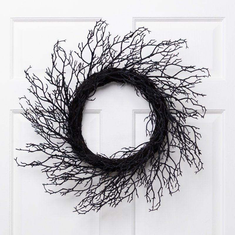 Black Glittered Twig Halloween Wreath - 24 Inch Unlit Decor for Door & Wall