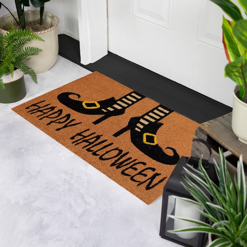 Halloween Doormat - Witch Shoes & Happy Halloween Text - Orange & Black, 30 Inches - Under 2' x 3' Variation of THIS listing