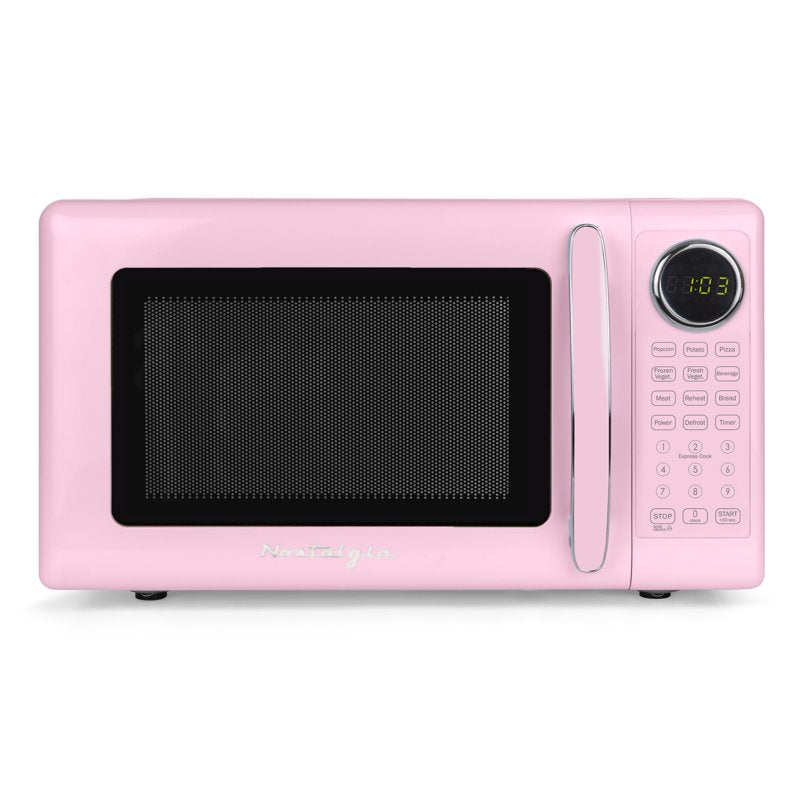 Retro Microwave Oven - 0.7 Cu Ft, 700W with 8 Auto Cook Programs - Pink
