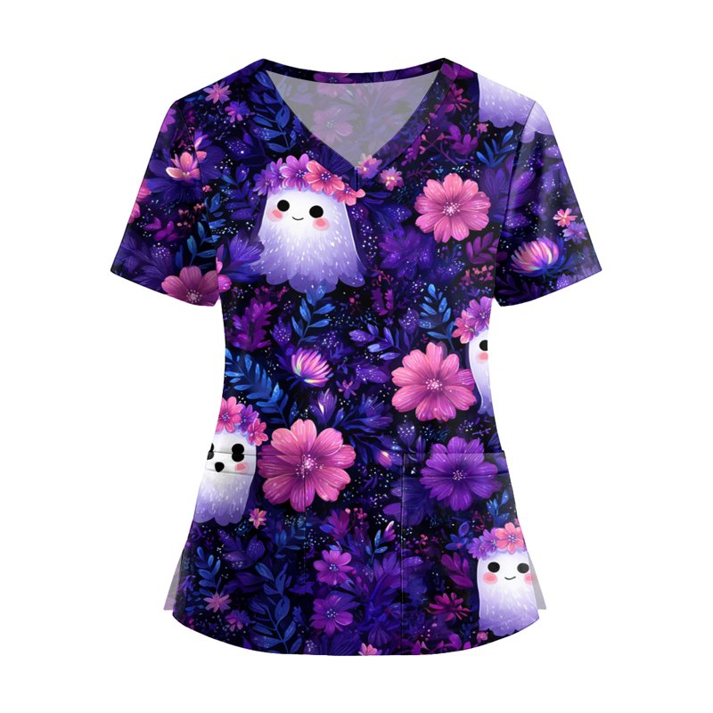 Halloween Pumpkin-Head Bat Print Scrub Top for Women XXL Dark Purple