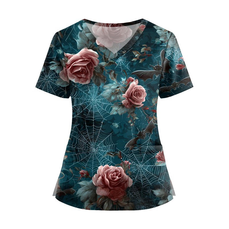 Halloween Nurse Scrubs Set for Women - Plus Size Pumpkin-Head Bat Printed Top - Turquoise XL