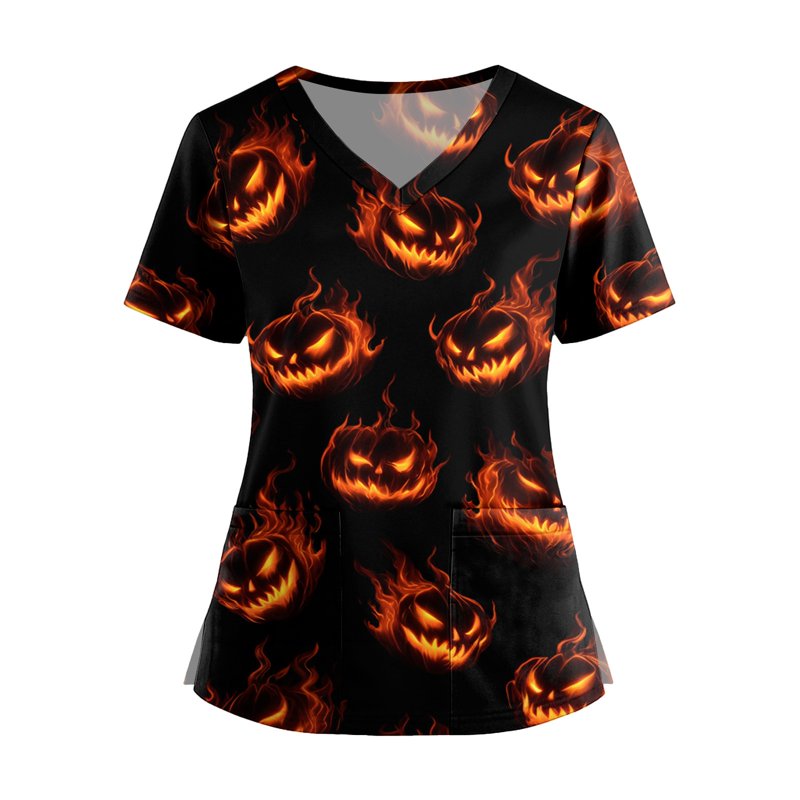 Plus Size Halloween Nursing Scrub Top with Pumpkin Bat Print - Saffron, 0XXXLXL