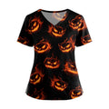 Plus Size Halloween Nursing Scrub Top with Pumpkin Bat Print - Saffron, 0XXXLXL