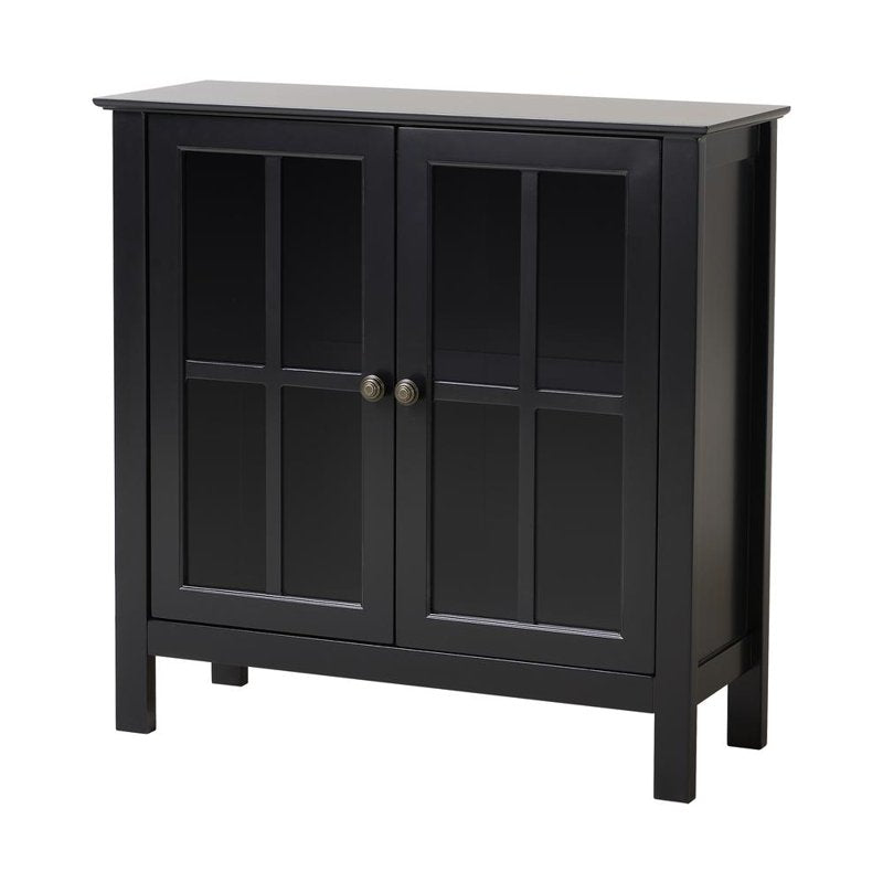 Transitional Black Wood Accent Display Cabinet with Glass Doors