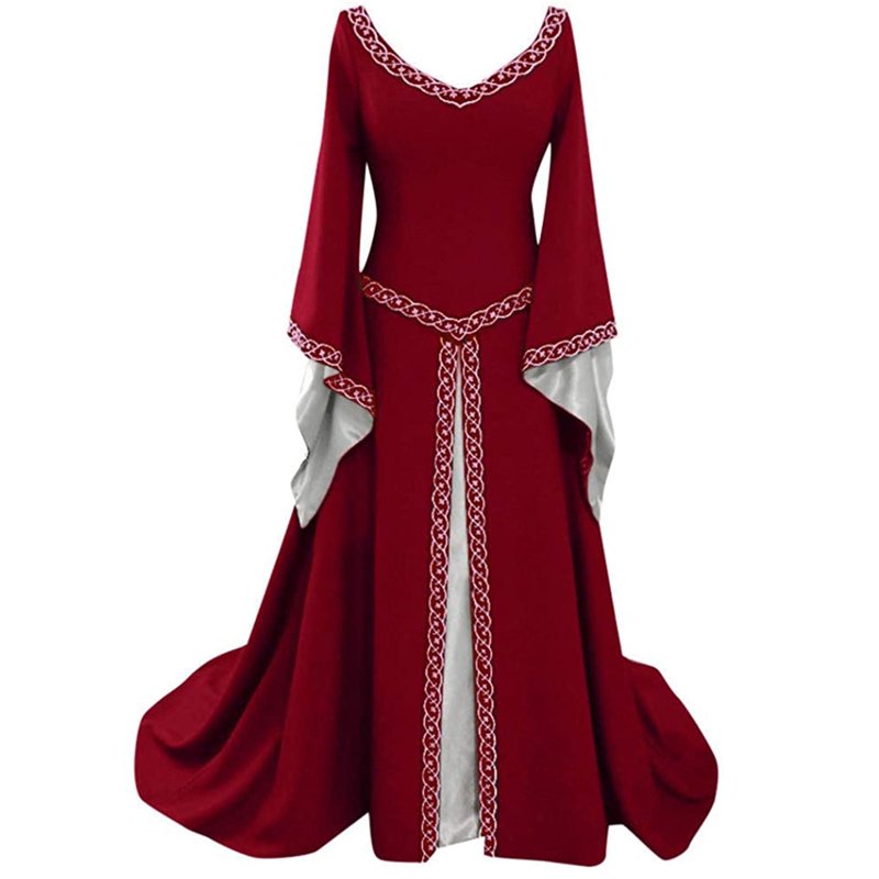 Women’s Retro Medieval Long Sleeve Maxi Dress - Red, S