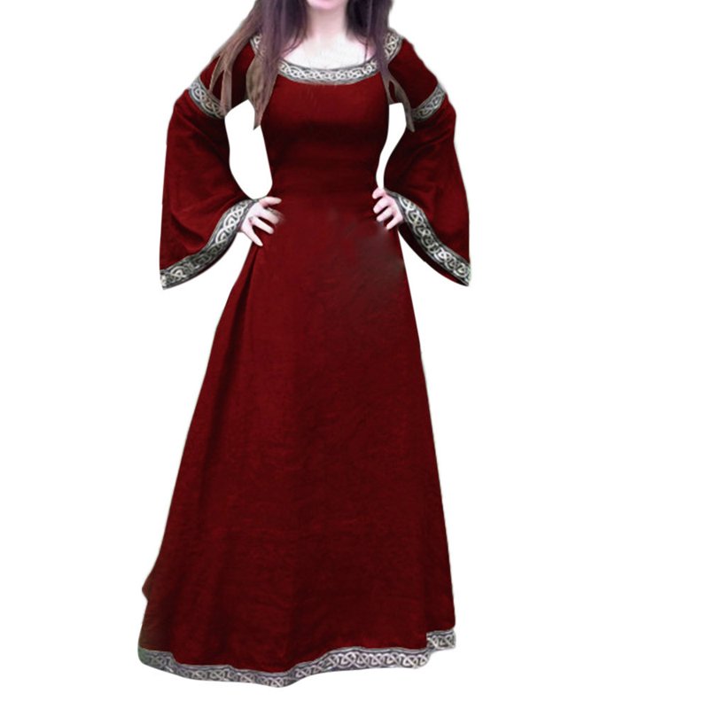 Women Medieval Renaissance Dress Long Sleeve Maxi Gown - Red 5XL