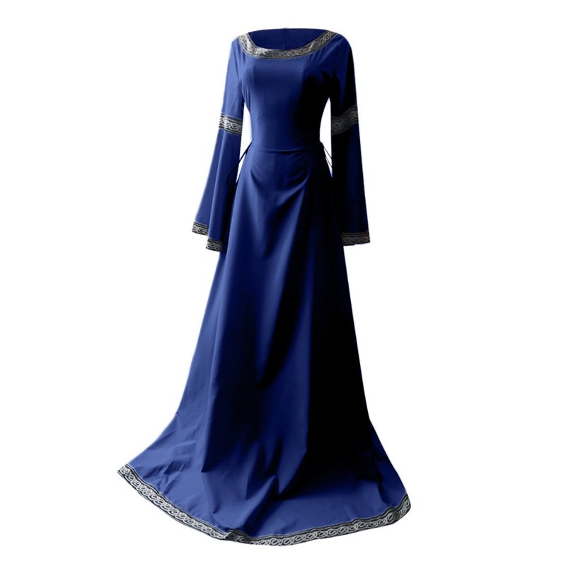Women Medieval Renaissance Maxi Dress - Irregular Long Sleeve Casual Gown - Blue M
