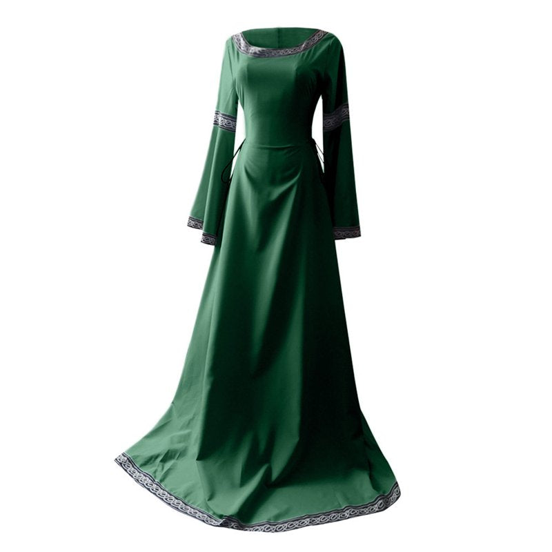 Women Medieval Renaissance Maxi Dress with Long Sleeves - Green XL