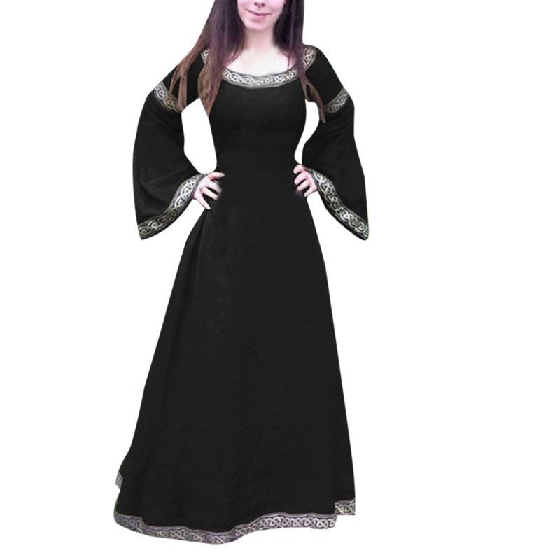 Women Medieval Renaissance Maxi Dress - Irregular Long Sleeve Black L Variation