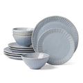 12-Piece Blue Stoneware Dinnerware Set - Artisanal Stripe