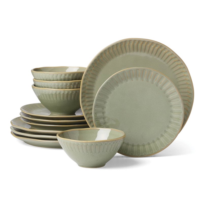 Artisanal Stripe 12-Piece Green Stoneware Dinnerware Set - Service for 4