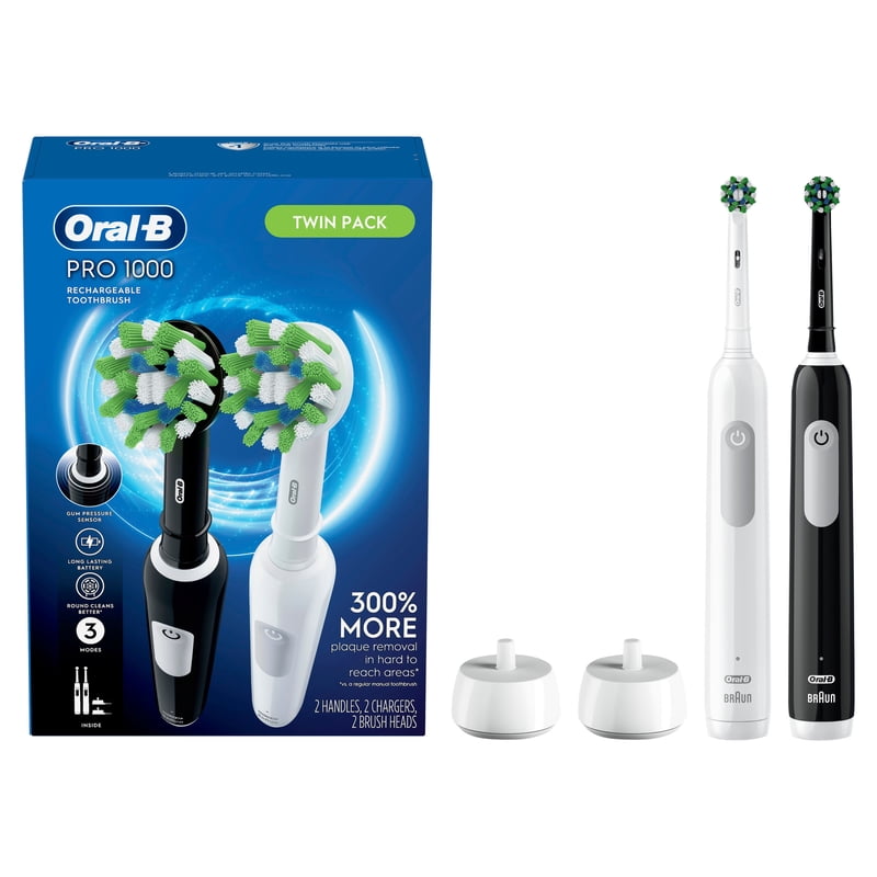 Rechargeable Electric Toothbrush Pro 1000, 2-Count Pack, Black and White