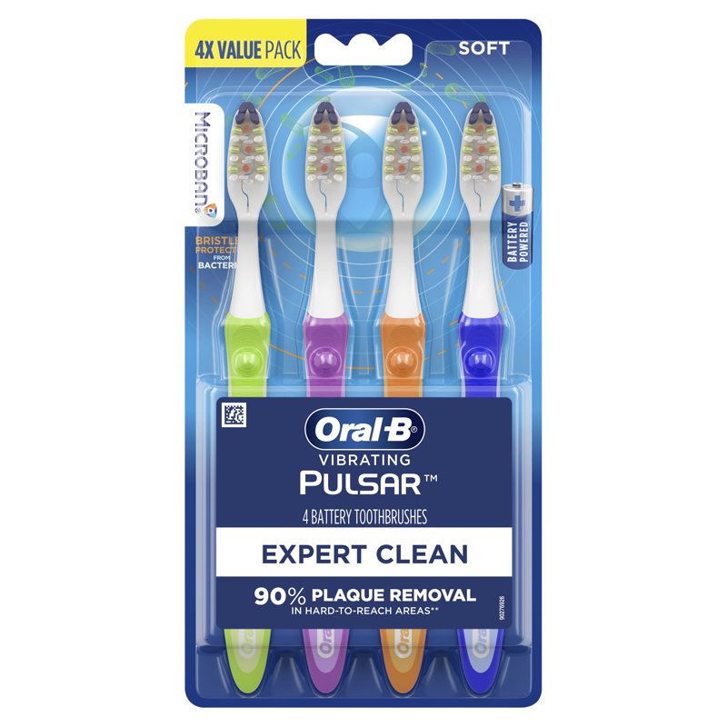 Battery Powered Vibrating Toothbrush, Soft Bristles, 4 Count