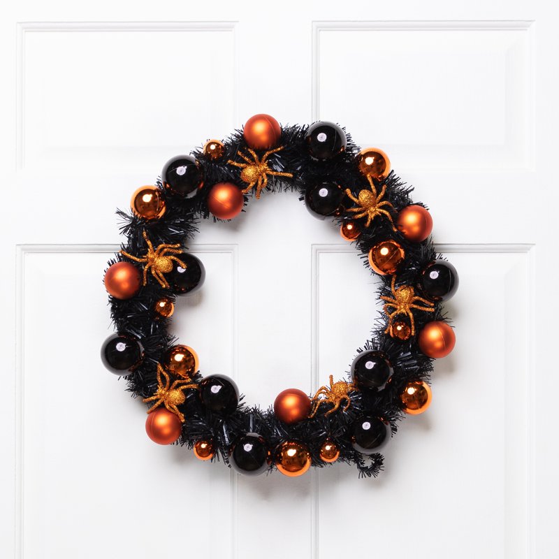 Halloween Wreath with Glittered Spiders and Ornaments - 18 Inch Indoor Outdoor Decor