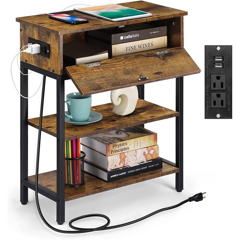 End Table with Charging Station and Drawer - Brown