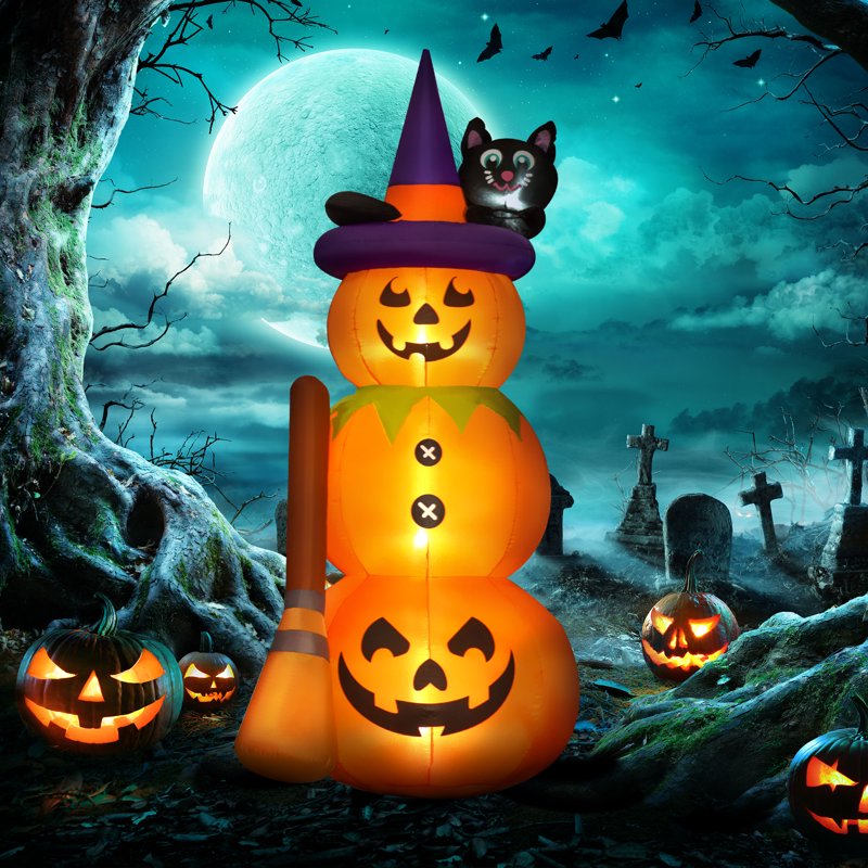 Inflatable Halloween Pumpkin Man with Black Cat and Broom - Orange Variation
