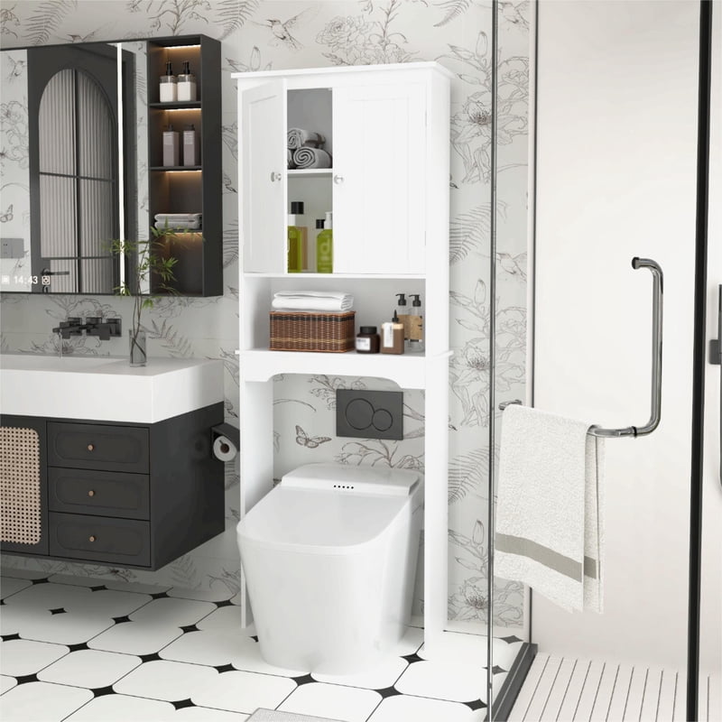 Over Toilet Storage Cabinet with 2 Doors & Adjustable Shelves - White Bathroom Organizer