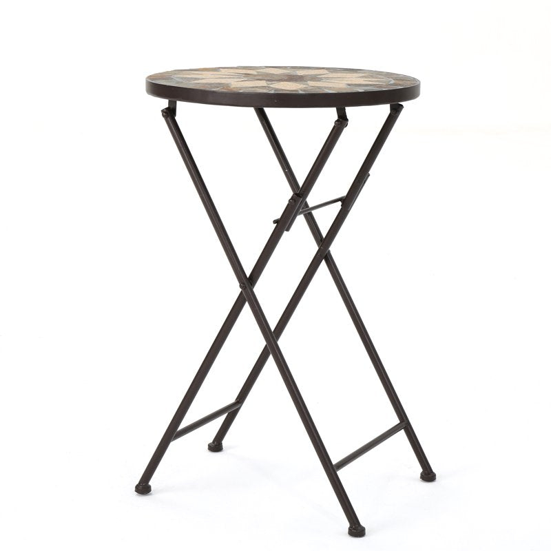 Outdoor Stone Side Table with Iron Frame - Beige & Black