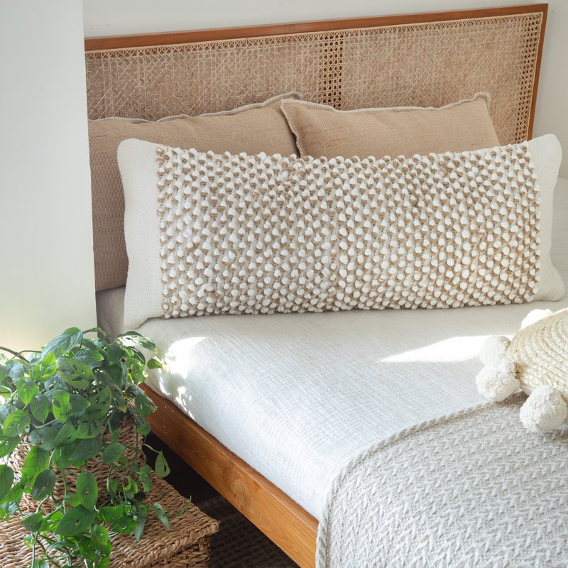 Laddha Home Designs Handwoven Bobble Lumbar Pillow Cover 36 Inches - White & Beige, Cover Only