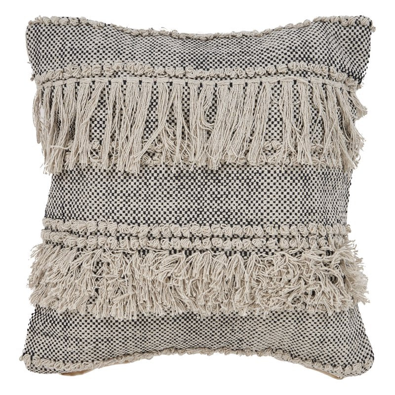20x20 Natural Black Striped Cotton Fringed Throw Pillow - Decorative Accent