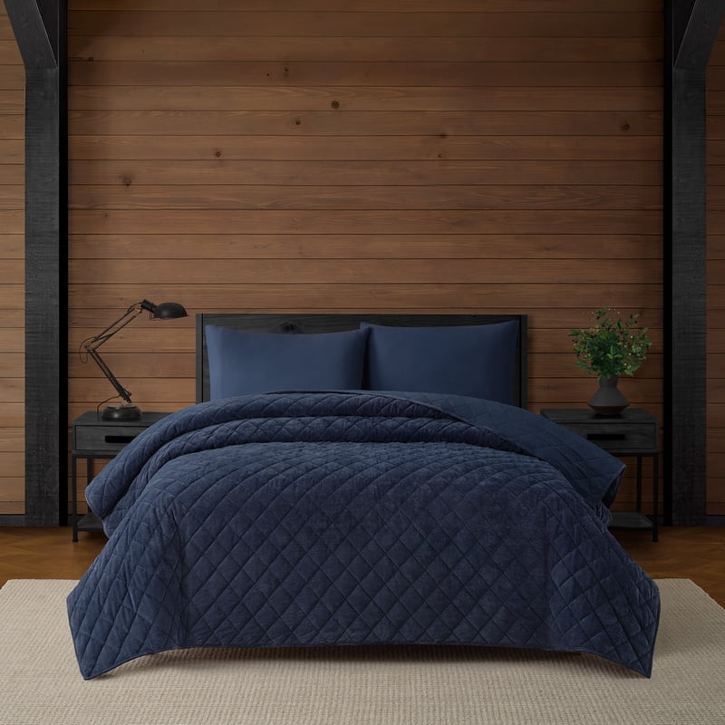 King Navy Blue Velvet Corduroy Quilt 104x94 Inches - Cozy Microfiber Bedding