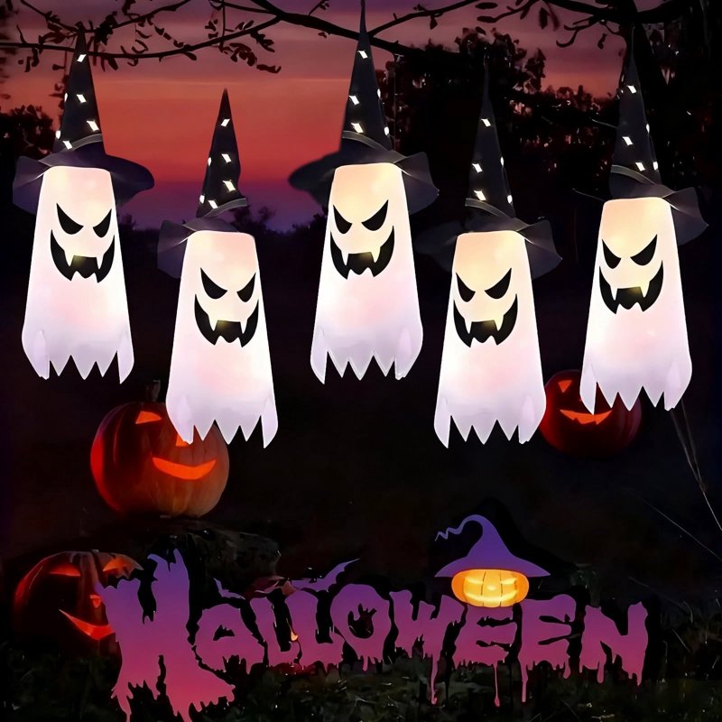 Lighted Halloween Hanging Witch Hats Ghost Set - Glowing Party Decorations, Outdoor & Indoor Yard Garden Tree Decor, 5PC
