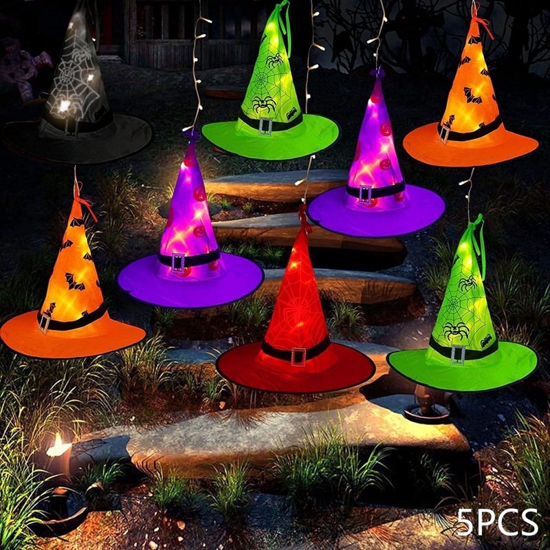 Halloween Witch Hat Lights Decorations Outdoor - 5pcs Glowing String Lights with 8 Modes & Waterproof - Lighted Witch Hat Variation
