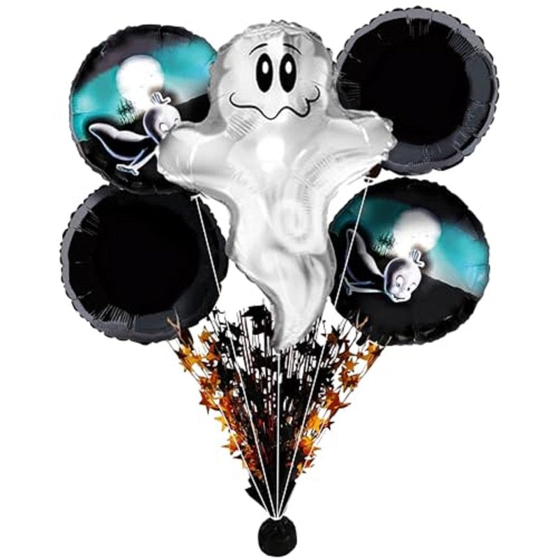 Flying Ghost Balloon Bouquet - Halloween Mylar Balloon Set 5 Pack - Ghost Party Decorations