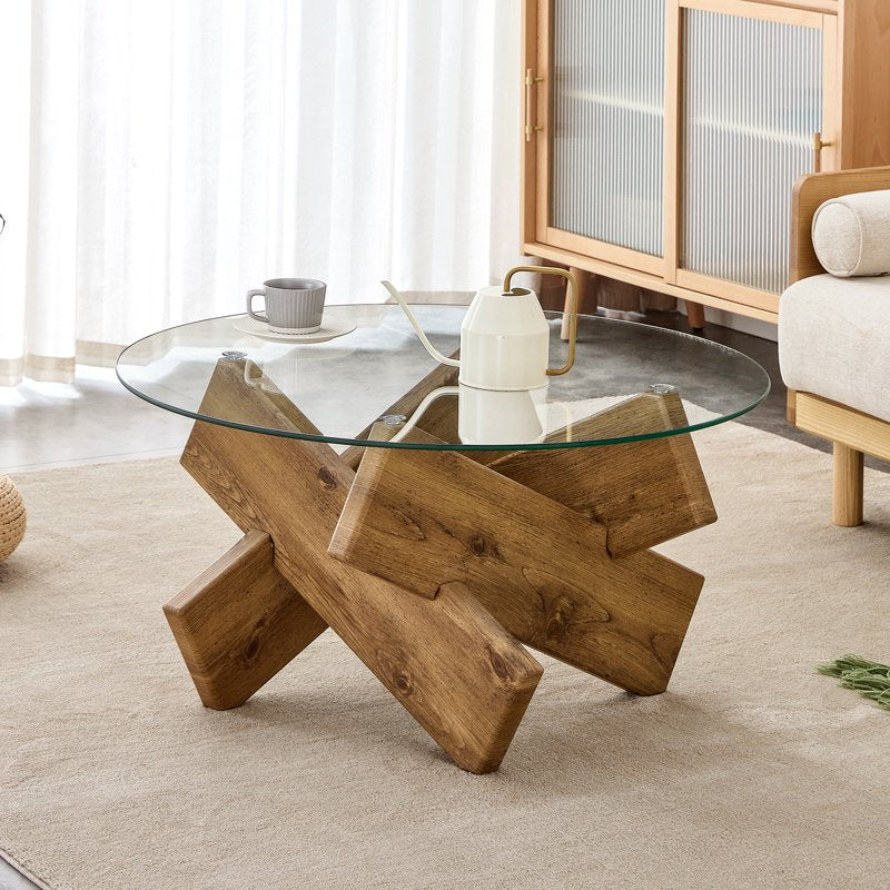 Glass Round Coffee Table with Wood Legs - 33.4-Inch Center Table