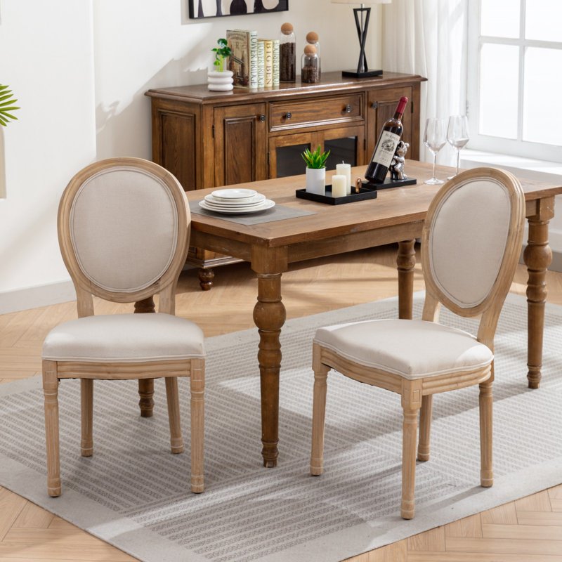 French Style Dining Chairs Set of 2 - Upholstered Linen Beige B