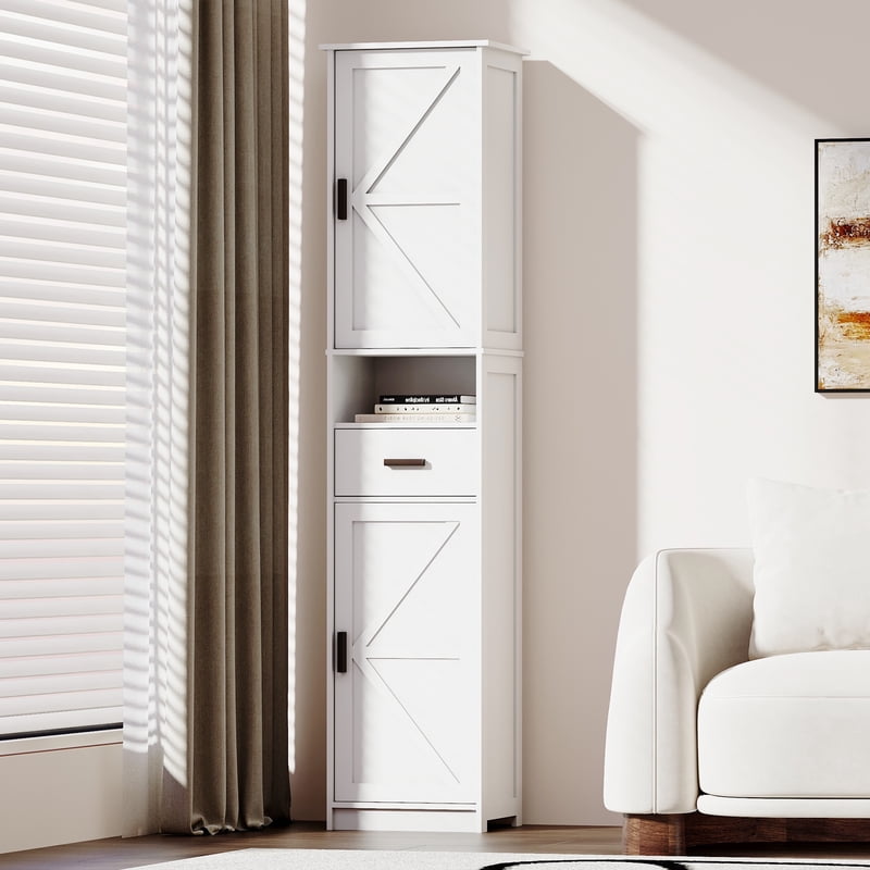 Floor Storage Cabinet - Wood Pantry Cabinet with Adjustable Shelves - White