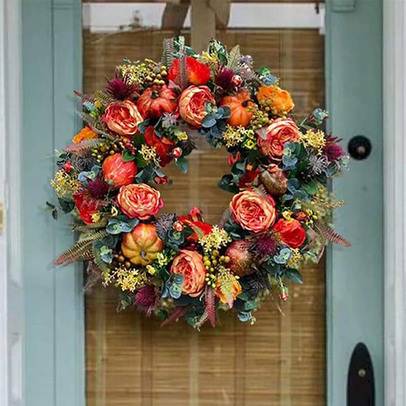 Autumn Pumpkin Wreath with Bows and Berries - Farmhouse Fall Decor - 18 Inch Front Door Wreath - Variation A