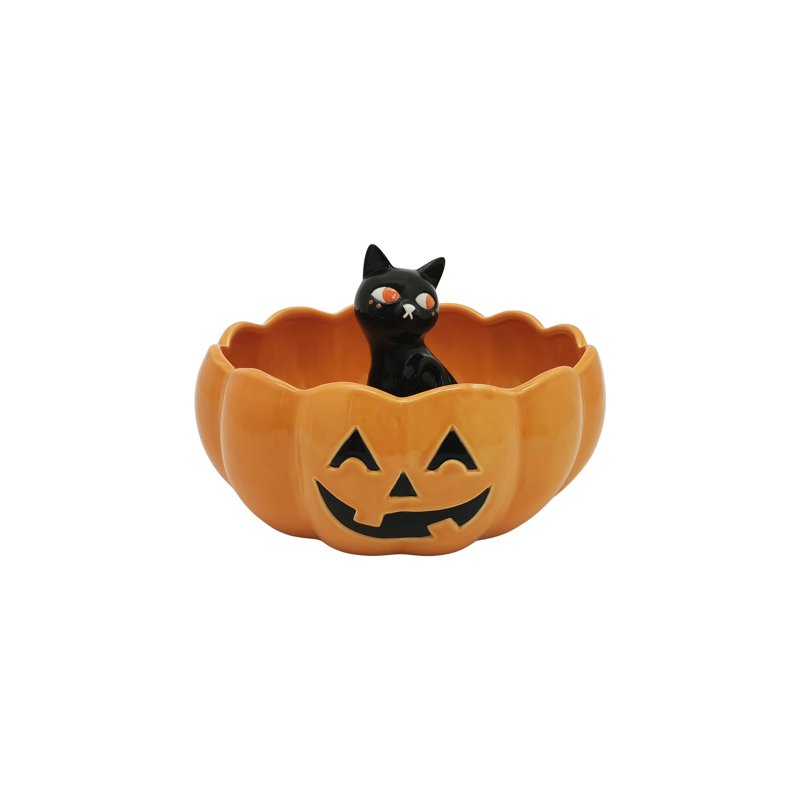 Halloween Ceramic Pumpkin Bowl with Black Cat Figurine