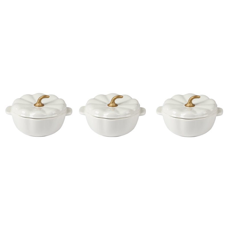 .5 Quart Pumpkin Stoneware Mini Cocottes with Lids - Linen, Set of 3 - White