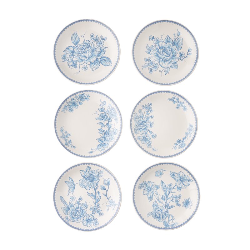 Stoneware Appetizer Plates Set of 6 - Blue Floral Design
